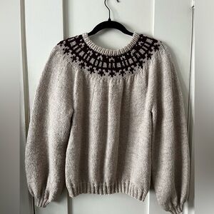 Hand Knit Sweater - Cream with Burgundy Neck Detail. Size L